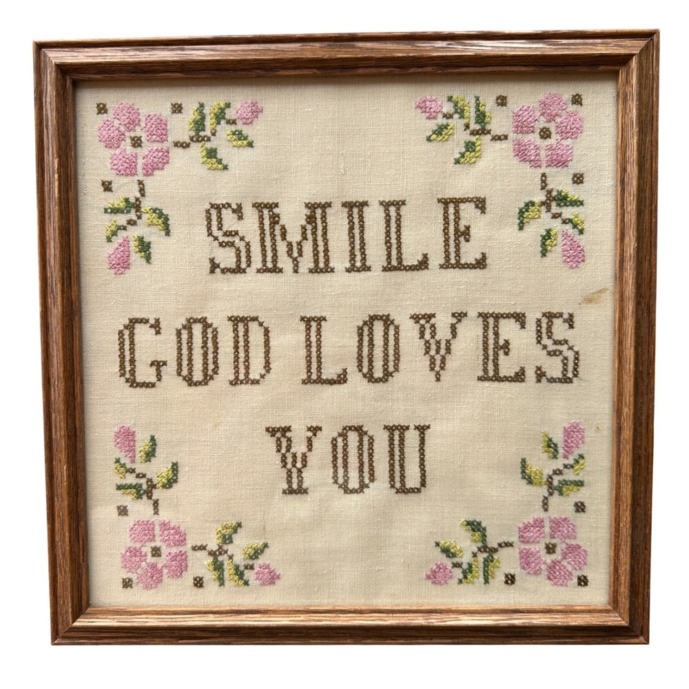 Vintage Smile God Loves You Cross Stitch Framed Wall Art Floral Religious Granny
